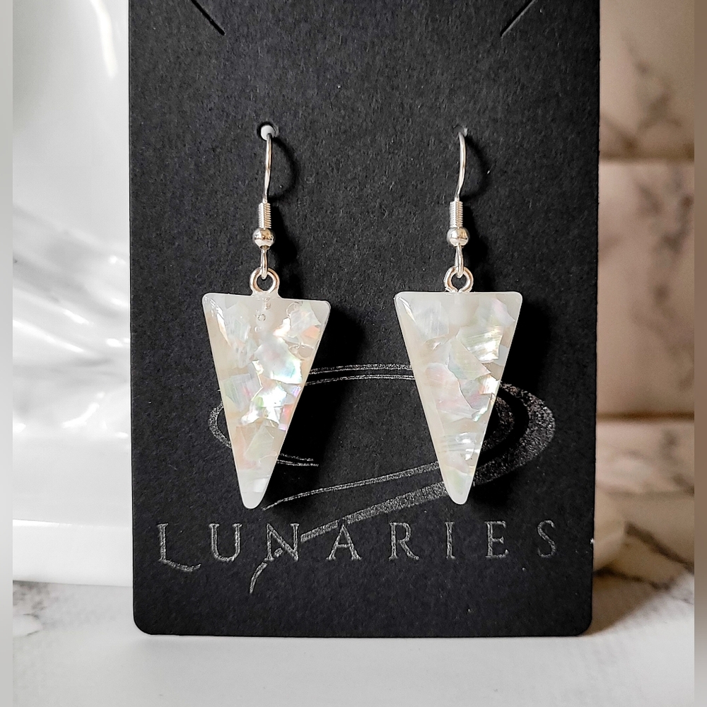 Mother Of Pearl Resin Earrings, Iridescent Triangles, Hypoallergenic - Picture 9 of 12